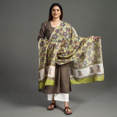 Green - Sanganeri Block Printed Handloom Chanderi Silk Zari Border Dupatta 52