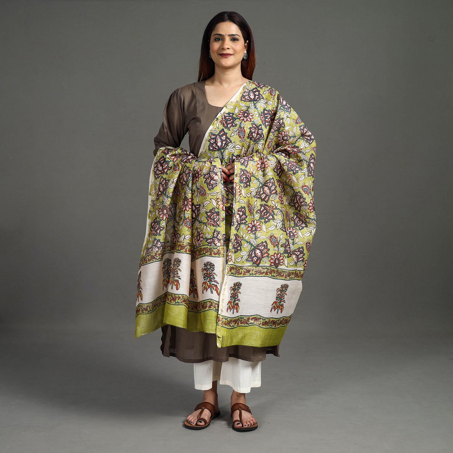 Green - Sanganeri Block Printed Handloom Chanderi Silk Zari Border Dupatta 52