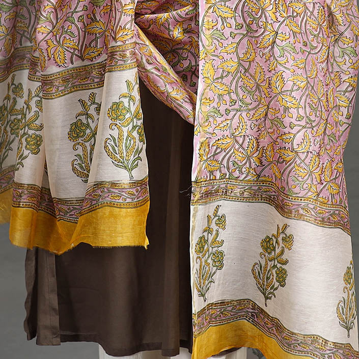 Pink - Sanganeri Block Printed Handloom Chanderi Silk Zari Border Dupatta 53