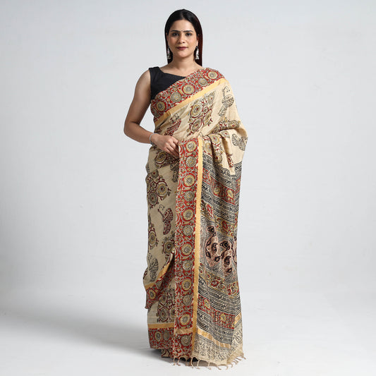 Beige - Kalamkari Printed Silk Cotton Saree with Zari Border