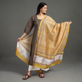 Yellow - Sanganeri Block Printed Handloom Chanderi Silk Zari Border Dupatta 54