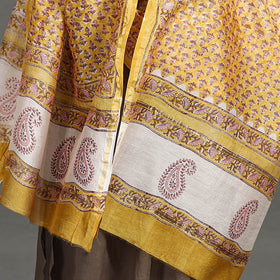 Yellow - Sanganeri Block Printed Handloom Chanderi Silk Zari Border Dupatta 54