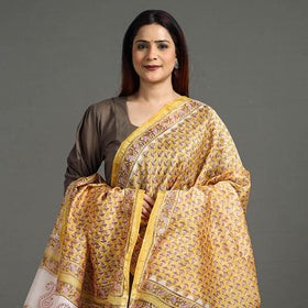 Yellow - Sanganeri Block Printed Handloom Chanderi Silk Zari Border Dupatta 54
