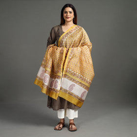 Yellow - Sanganeri Block Printed Handloom Chanderi Silk Zari Border Dupatta 54