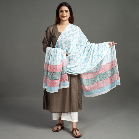 Blue - Block Printed Mul Cotton Sanganeri Dupatta 60