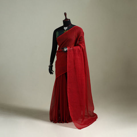 Red - Nazaakat Kota Doria Cotton Plain Saree with Blouse & Jewellery Set 187