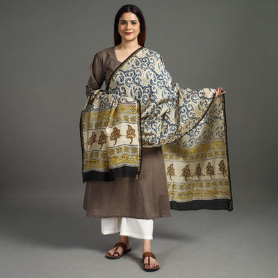 Blue - Sanganeri Block Printed Chanderi Silk Zari Border Dupatta 69