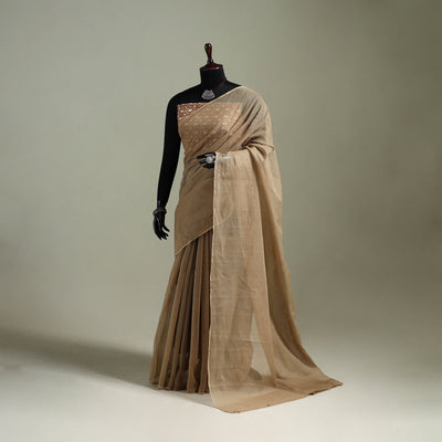 Brown - Nazaakat Kota Doria Cotton Plain Saree with Blouse & Jewellery Set 189