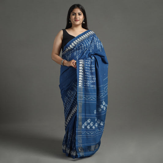 Blue - Pochampally Ikat Weave Pure Handloom Cotton Saree 07