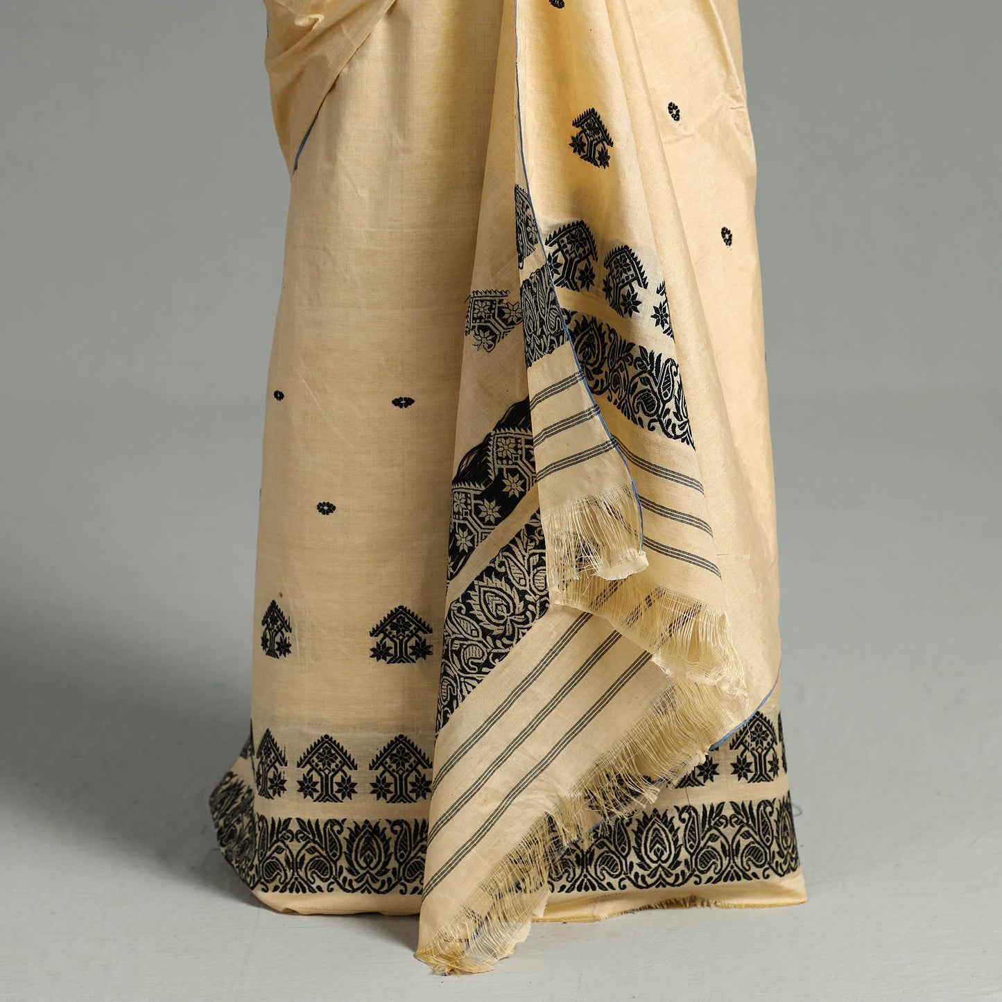 Beige - Assam Traditional Handloom Tussar Silk Mekhela Chador with Blouse Piece 24