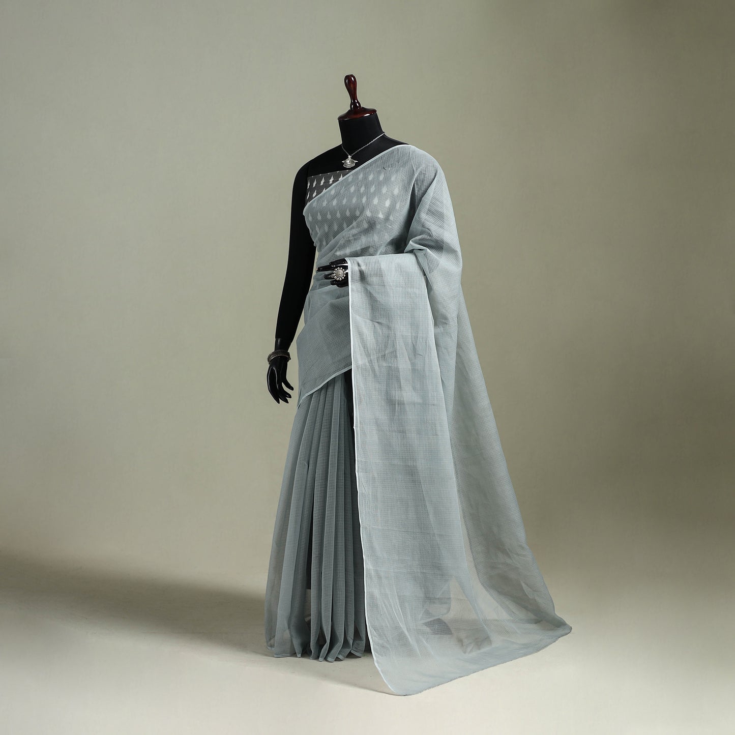 Grey - Nazaakat Kota Doria Cotton Plain Saree with Blouse & Jewellery Set 191