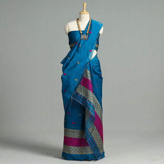 Blue - Assam Traditional Handloom Silk Cotton Mekhela Chador with Blouse Piece 26