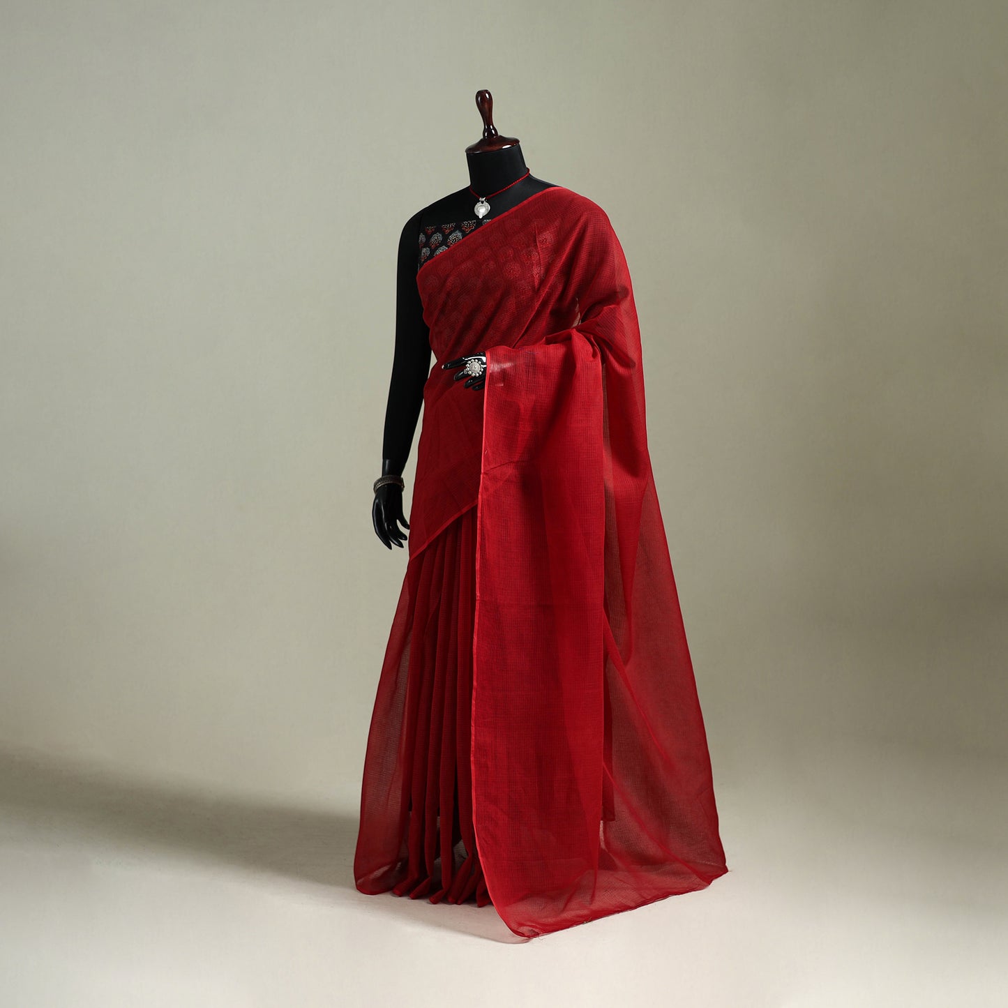 Red - Nazaakat Kota Doria Cotton Plain Saree with Blouse & Jewellery Set 192