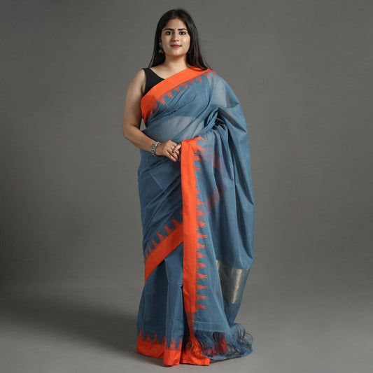 Blue - Handspun Handloom Natural Dyed Fine Silk Cotton Saree 12