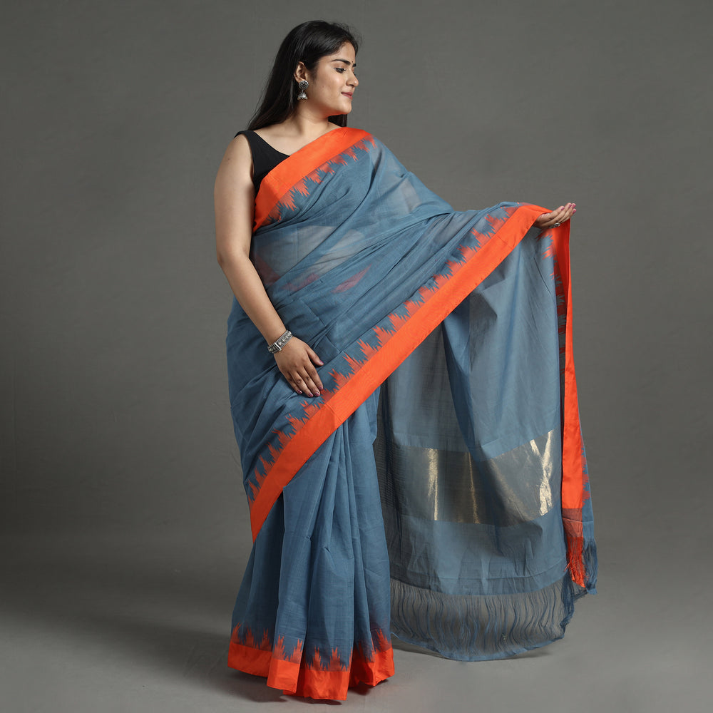 Blue - Handspun Handloom Natural Dyed Fine Silk Cotton Saree 12