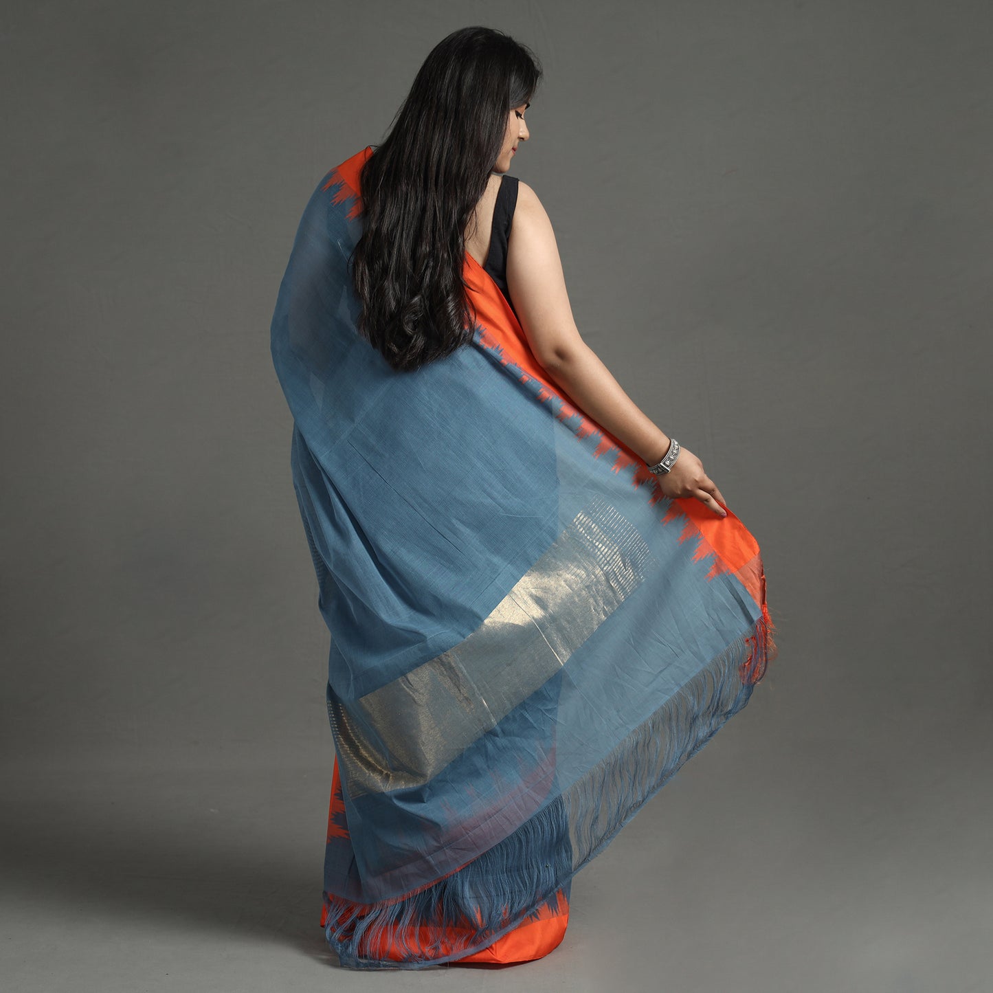 Blue - Handspun Handloom Natural Dyed Fine Silk Cotton Saree 12