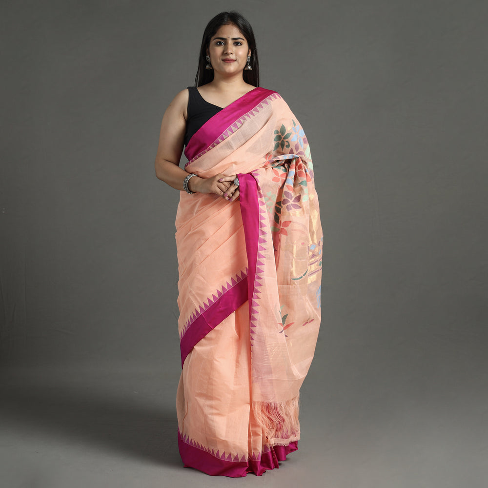 Peach - Handspun Handloom Jamdani Buta Fine Cotton Saree With Zari Border 13