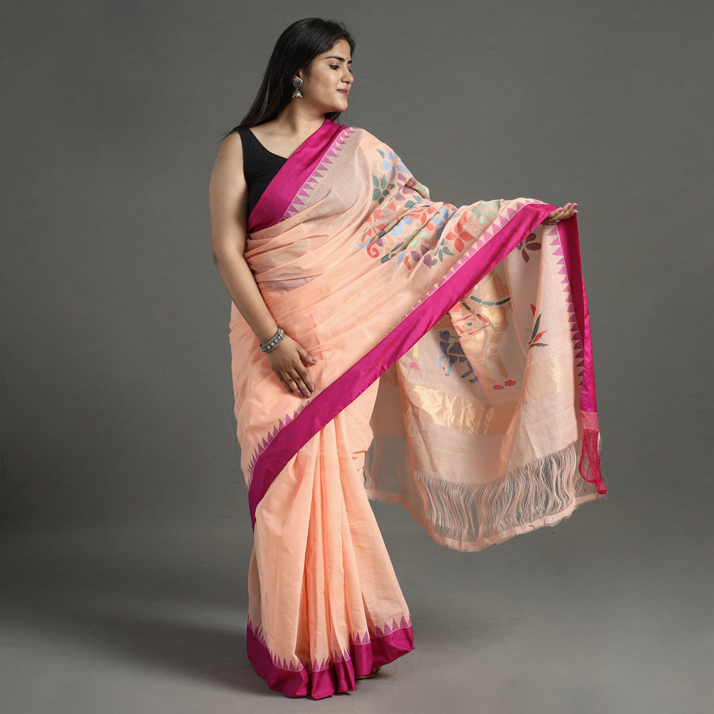 Peach - Handspun Handloom Jamdani Buta Fine Cotton Saree With Zari Border 13