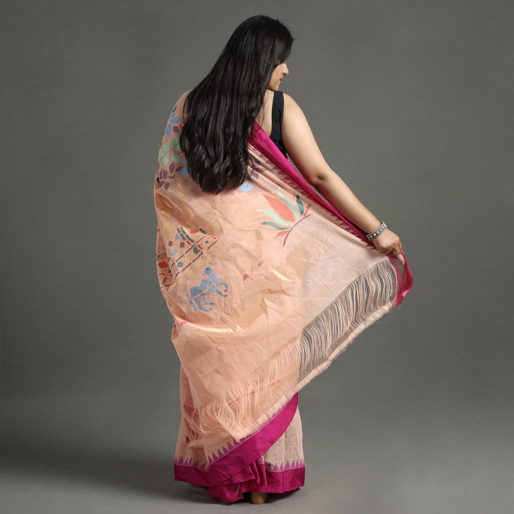 Peach - Handspun Handloom Jamdani Buta Fine Cotton Saree With Zari Border 13