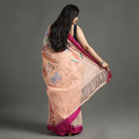 Peach - Handspun Handloom Jamdani Buta Fine Cotton Saree With Zari Border 13