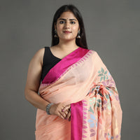 Peach - Handspun Handloom Jamdani Buta Fine Cotton Saree With Zari Border 13