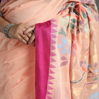 Peach - Handspun Handloom Jamdani Buta Fine Cotton Saree With Zari Border 13