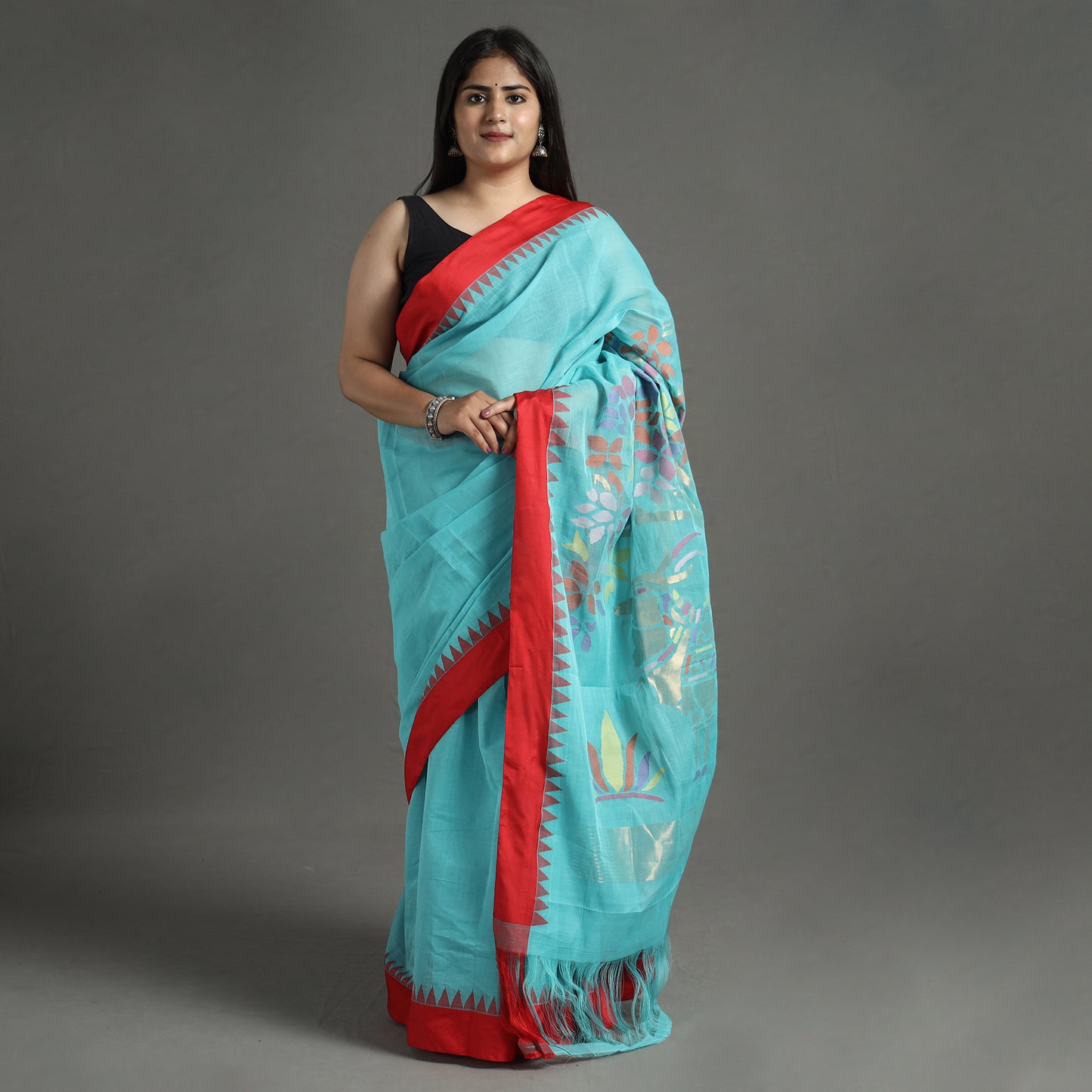 Blue - Handspun Handloom Jamdani Buta Fine Cotton Saree With Zari Border 14