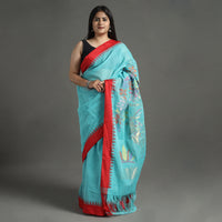 Blue - Handspun Handloom Jamdani Buta Fine Cotton Saree With Zari Border 14