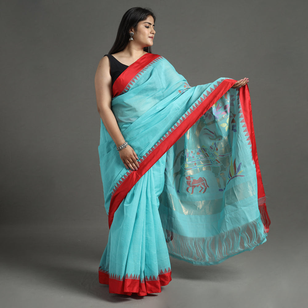 Blue - Handspun Handloom Jamdani Buta Fine Cotton Saree With Zari Border 14