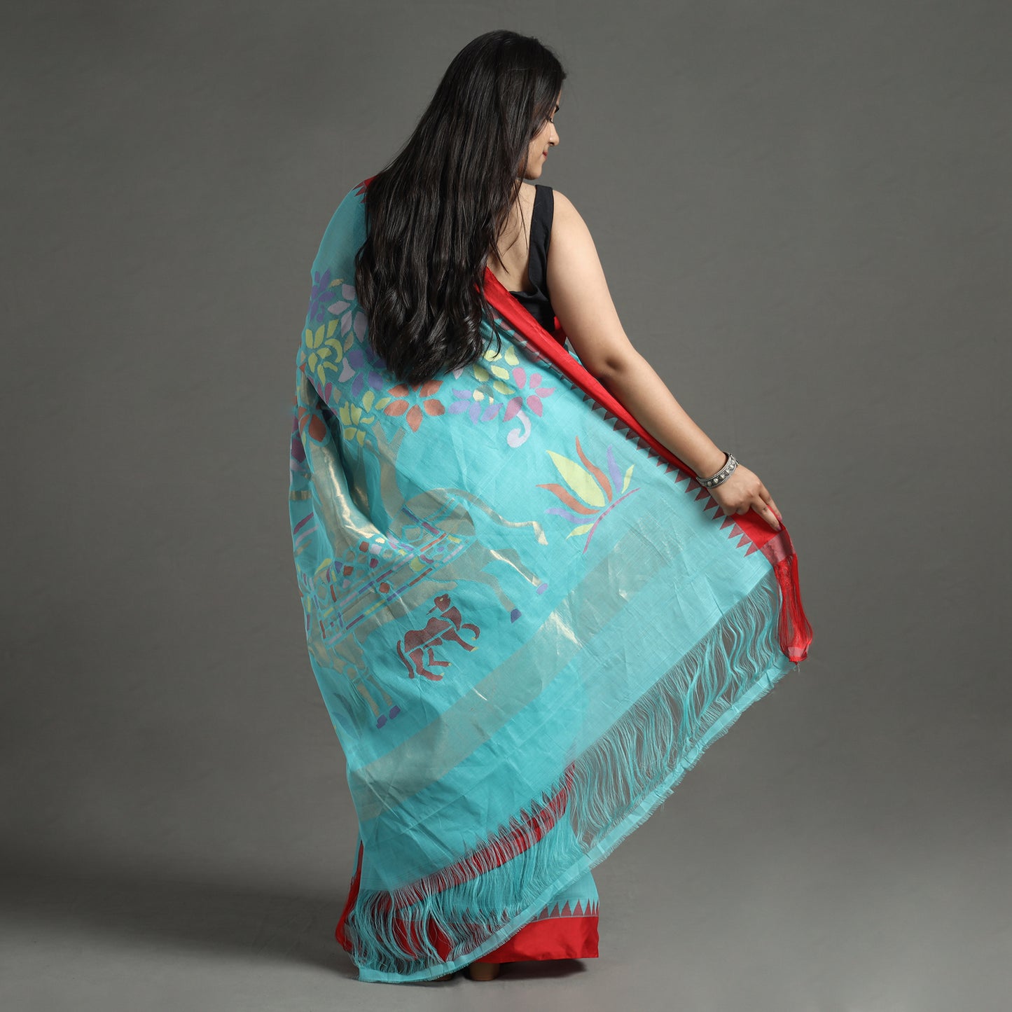 Blue - Handspun Handloom Jamdani Buta Fine Cotton Saree With Zari Border 14