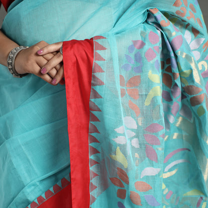 Blue - Handspun Handloom Jamdani Buta Fine Cotton Saree With Zari Border 14