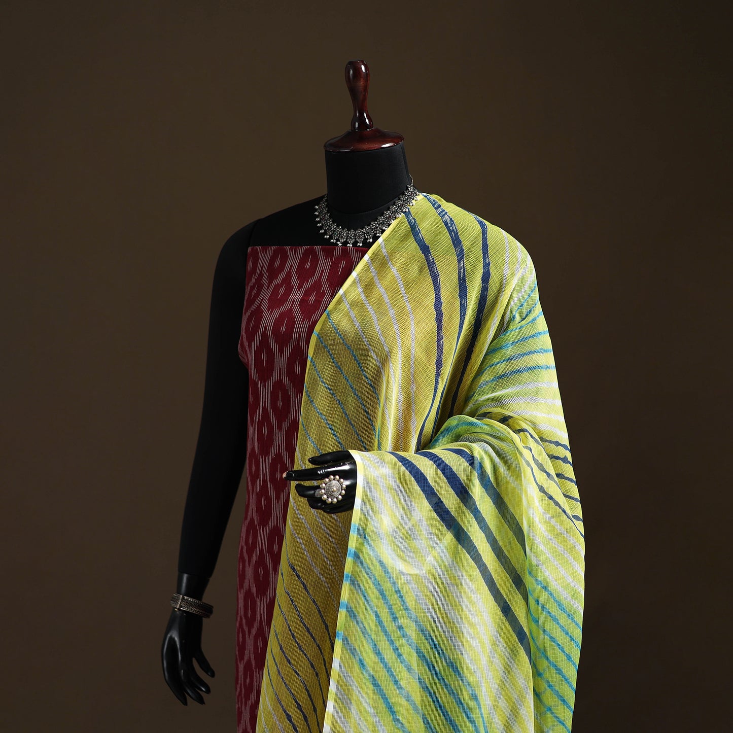 Green - Kota Doria Cotton Tie-Dye Leheriya Dupatta with Tassels 01