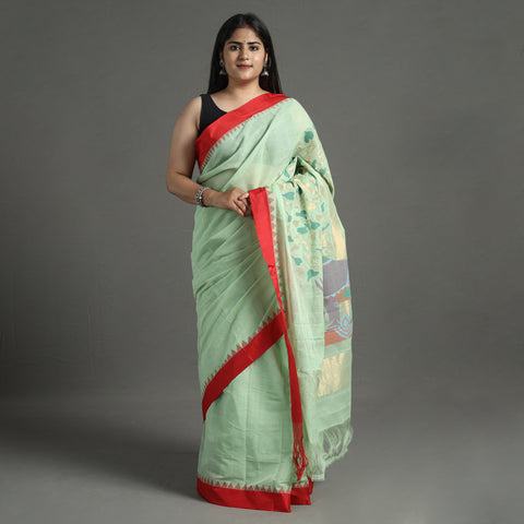 Green - Handspun Handloom Jamdani Buta Fine Cotton Saree With Zari Border 15