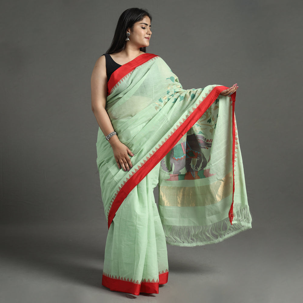 Green - Handspun Handloom Jamdani Buta Fine Cotton Saree With Zari Border 15