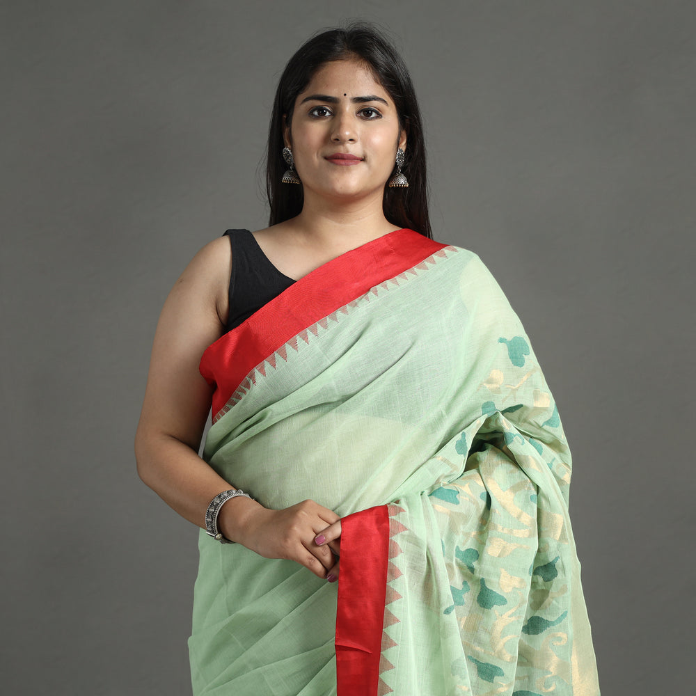 Green - Handspun Handloom Jamdani Buta Fine Cotton Saree With Zari Border 15