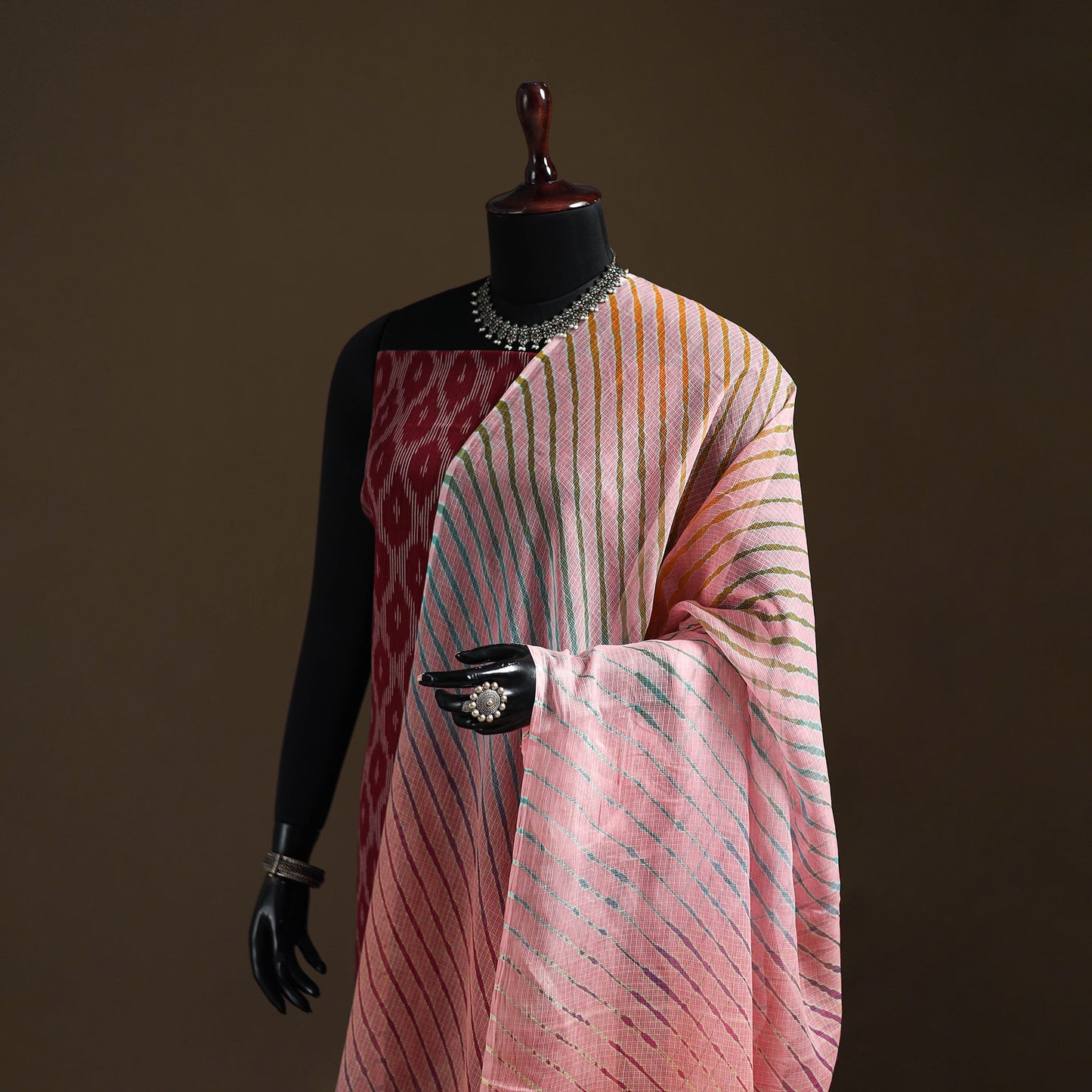 Pink - Kota Doria Cotton Tie-Dye Leheriya Dupatta with Tassels 03