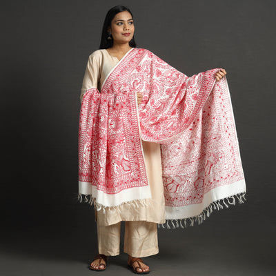Traditional Madhubani Handpainted Moonga Silk Handloom Dupatta with Tassels 02