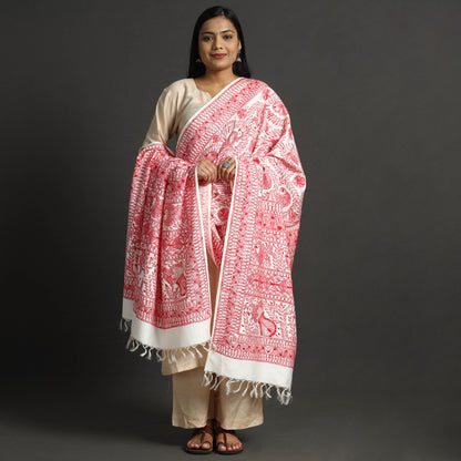Traditional Madhubani Handpainted Moonga Silk Handloom Dupatta with Tassels 02
