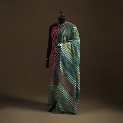 Green - Kota Doria Cotton Tie-Dye Leheriya Dupatta with Tassels 04