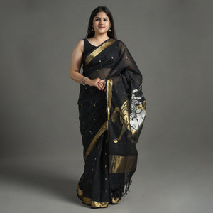 Black - Handspun Handloom Venkatgiri Full Zari Work Fine Cotton Saree 16
