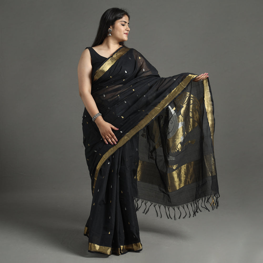 Black - Handspun Handloom Venkatgiri Full Zari Work Fine Cotton Saree 16