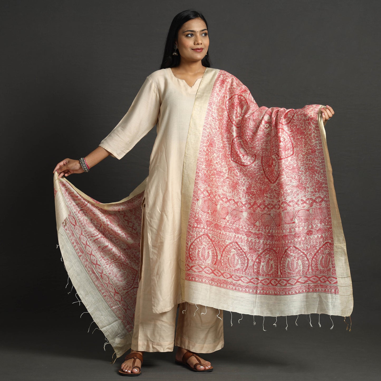 Traditional Madhubani Handpainted Tussar Silk Handloom Dupatta with Tassels 03