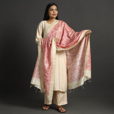 Traditional Madhubani Handpainted Tussar Silk Handloom Dupatta with Tassels 03