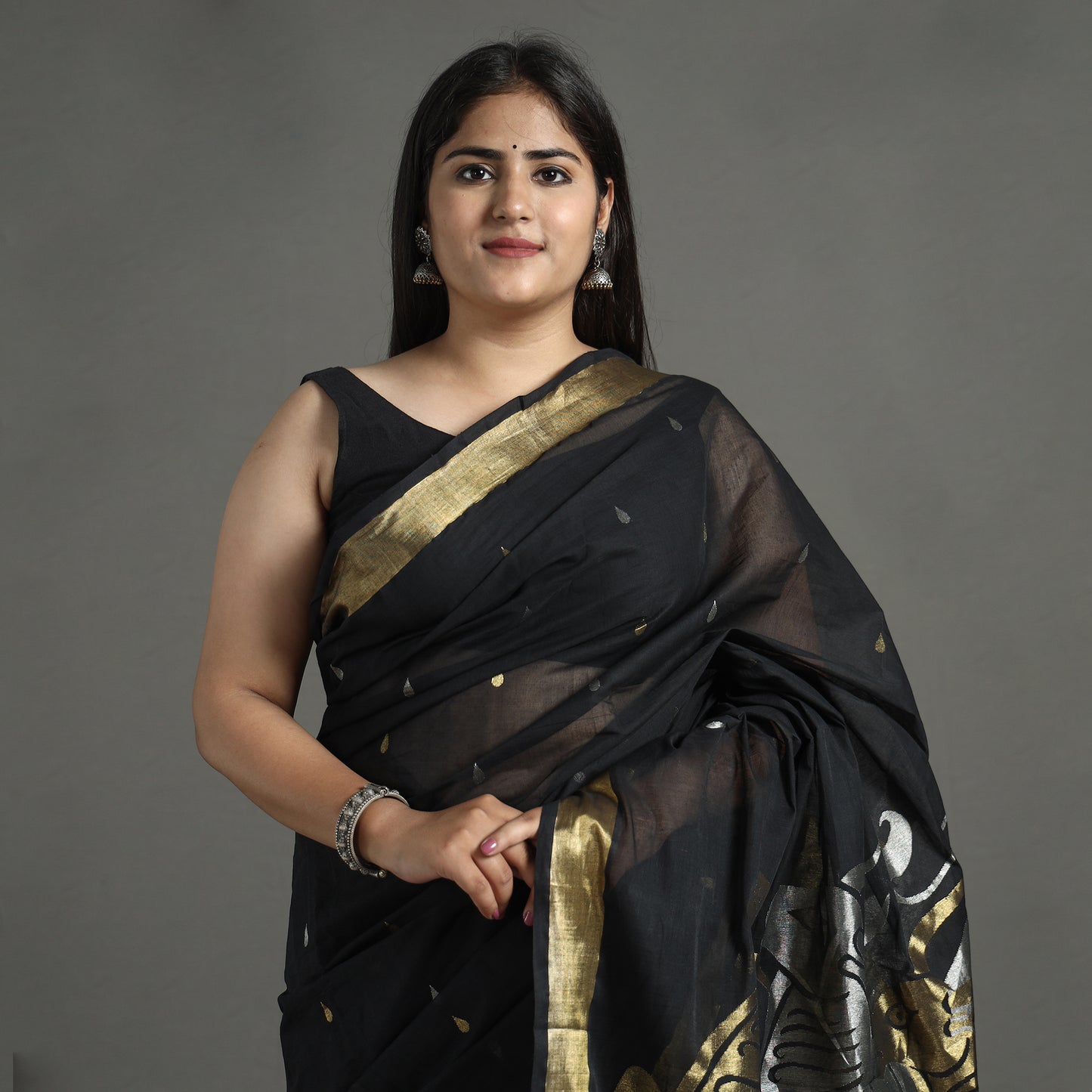 Black - Handspun Handloom Venkatgiri Full Zari Work Fine Cotton Saree 16