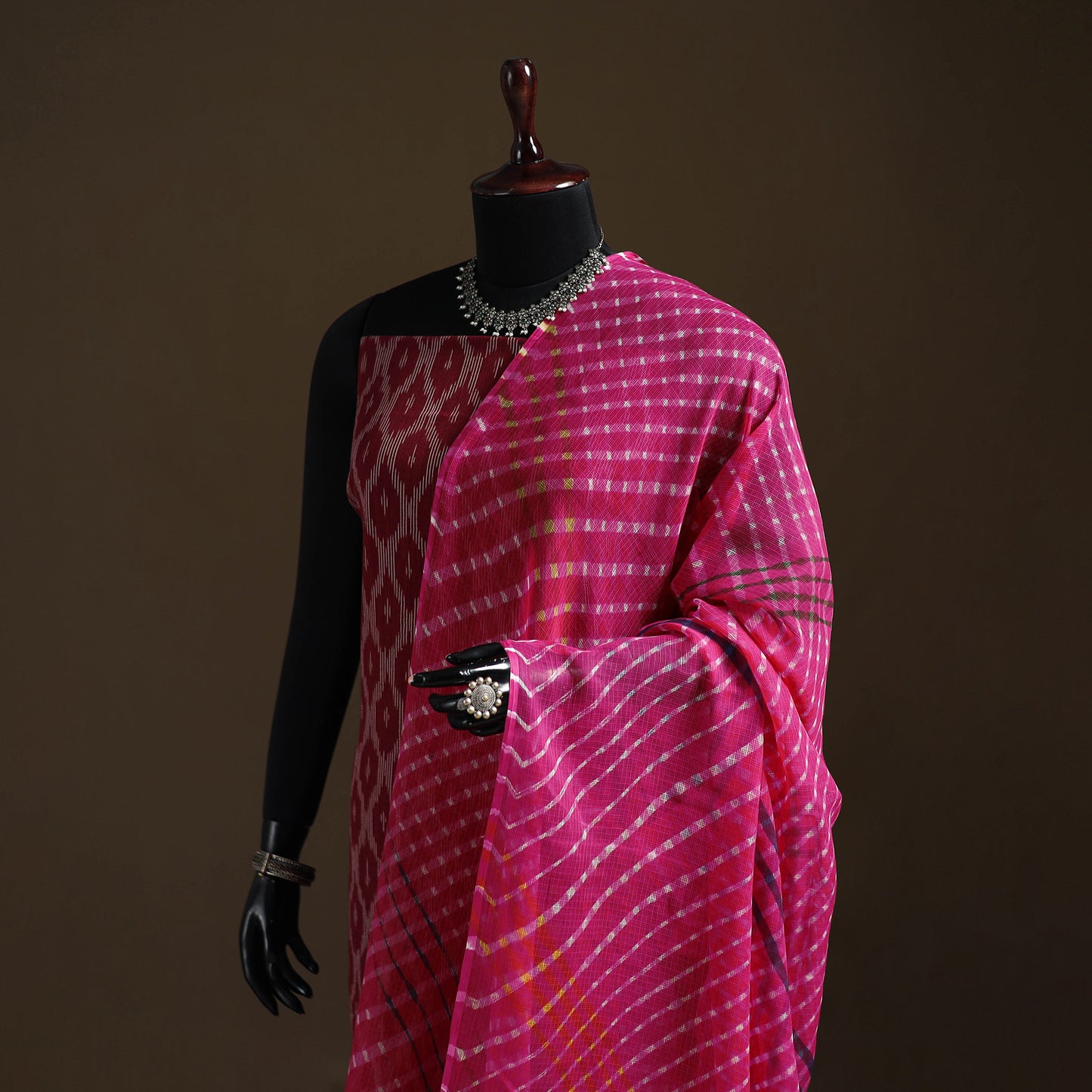 Pink - Kota Doria Cotton Tie-Dye Leheriya Dupatta with Tassels 06