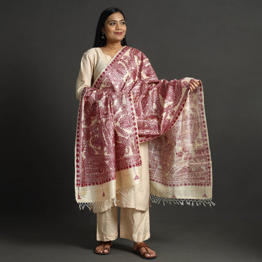 Maroon - Traditional Madhubani Handpainted Tussar Silk Handloom Dupatta with Tassels 04