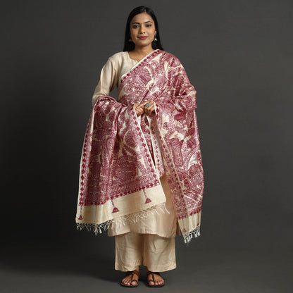 Maroon - Traditional Madhubani Handpainted Tussar Silk Handloom Dupatta with Tassels 04