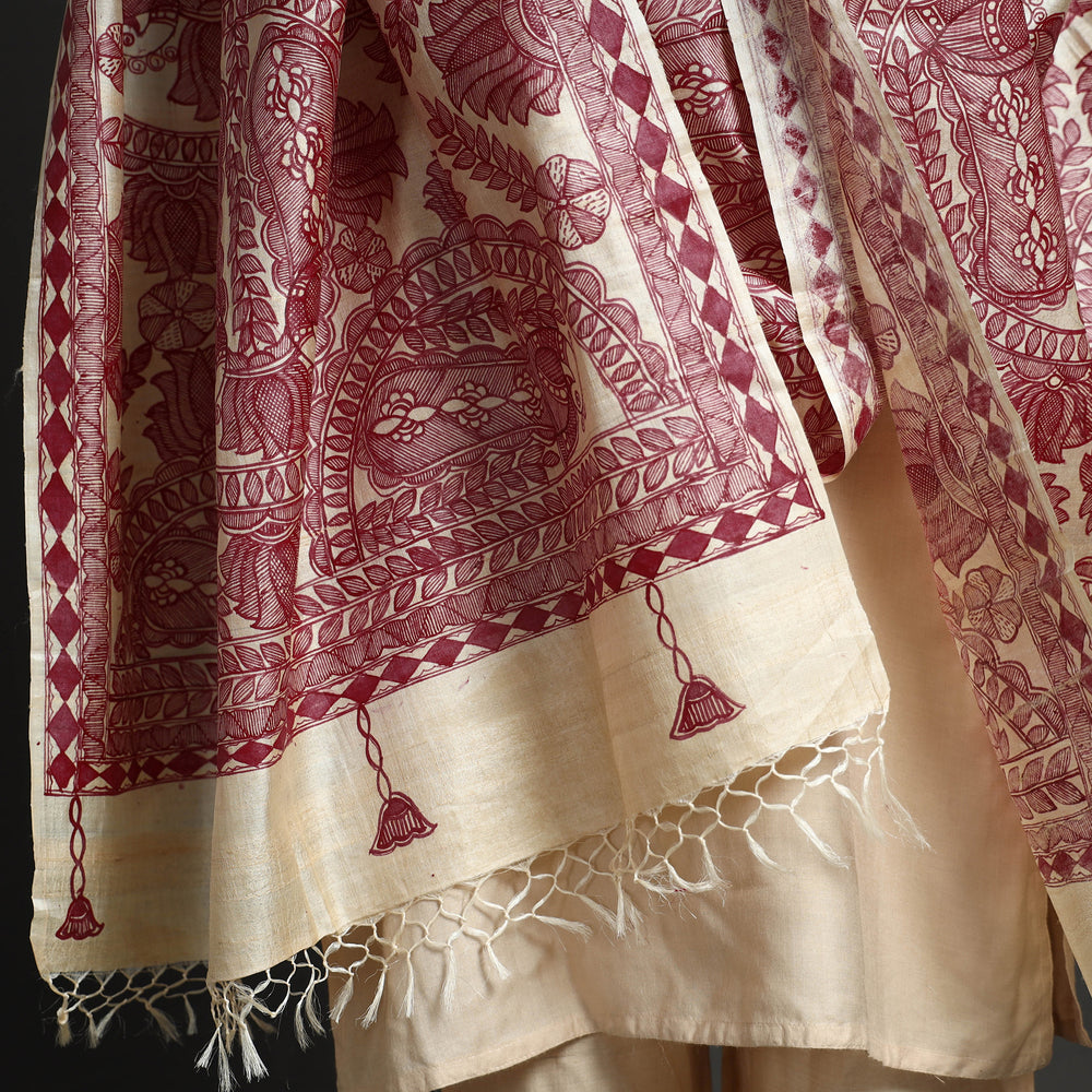 Maroon - Traditional Madhubani Handpainted Tussar Silk Handloom Dupatta with Tassels 04