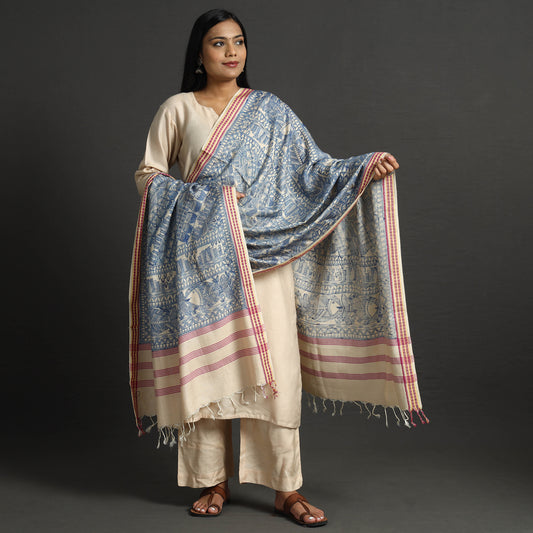 Blue - Traditional Madhubani Handpainted Tussar Silk Cotton Handloom Dupatta with Tassels 05