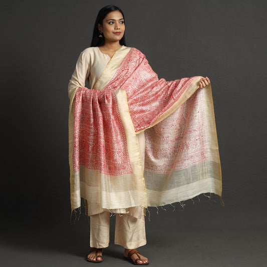 Pink - Traditional Madhubani Handpainted Tussar Silk Handloom Dupatta with Tassels 06